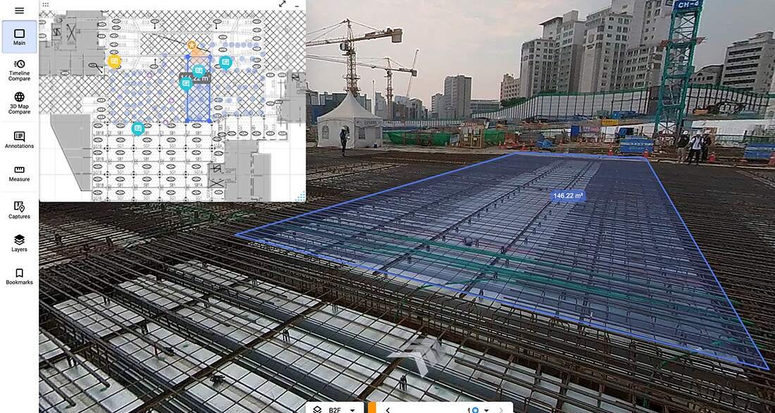 Capture 3D d'un chantier de fondations avec mesure de surface
