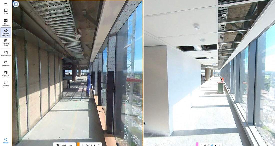 Le même couloir en façade à deux dates : structure brute à gauche, finitions à droite